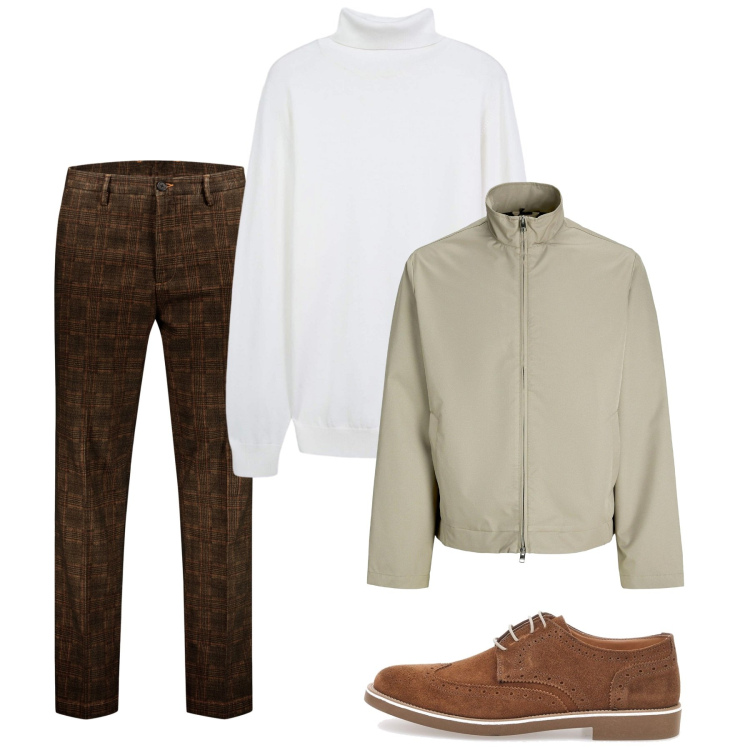 Outfit uomo - Novembre. Stile Casual per Tutti i giorni. Abbinamento con giacche, maglieria, pantaloni, scarpe stringate.