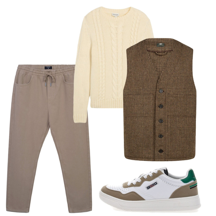 Outfit uomo - Novembre. Stile Casual per Tutti i giorni. Abbinamento con maglieria, pantaloni, sneakers, gilet.