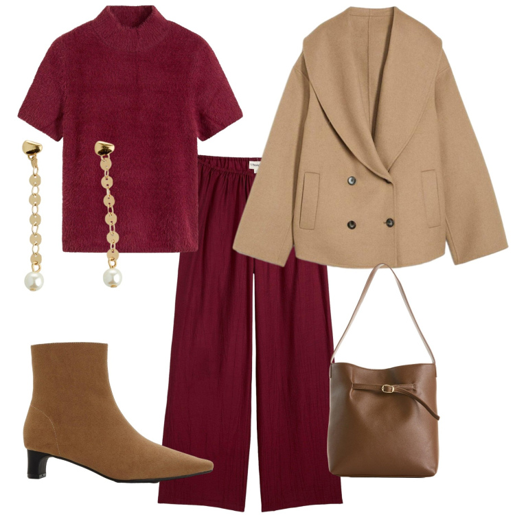 Outfit donna - Bonprix. Stile Sporty chic per Serata fuori. Abbinamento con blazer, maglieria, stivaletti, orecchini, pantaloni, borse a mano.