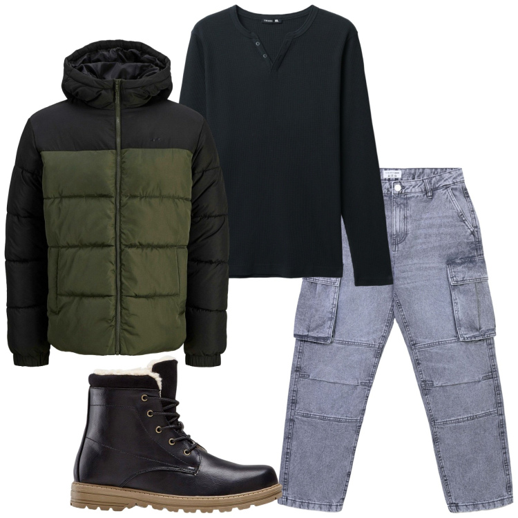 Outfit uomo - Total look #2280014. Stile Urban per Tutti i giorni. Abbinamento con stivali e stivaletti, piumini, jeans, t-shirt.