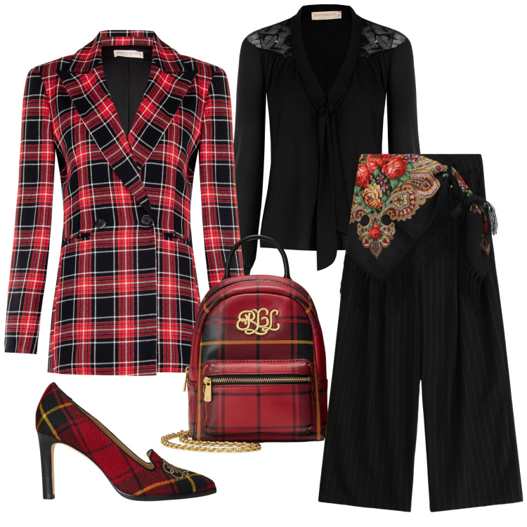 Outfit donna - Total look #2280015. Stile Chic per Tutti i giorni. Abbinamento con bluse, blazer, pantaloni a palazzo, borse a tracolla, décolleté.