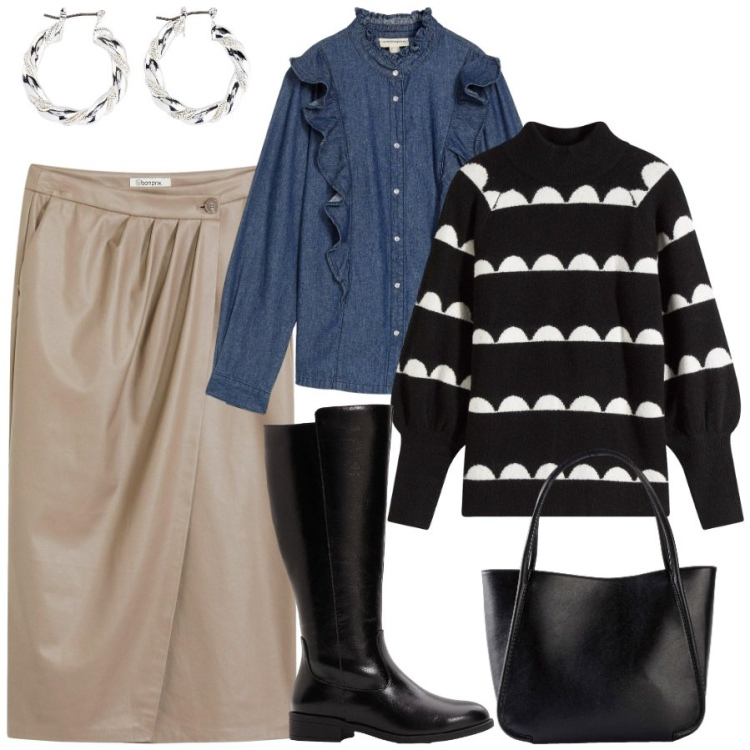 Outfit donna - bonprix - SINGLES\' DAY. Stile Casual chic per Tutti i giorni. Abbinamento con camicie, orecchini, shopping bag, maglieria, stivali, gonne longuette.