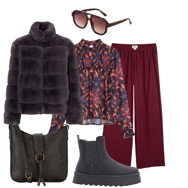 Outfit donna - Per i Singles’ Day grigio e bordeaux. Stile Casual chic per Tutti i giorni. Abbinamento con stivaletti chelsea, borse a tracolla, bluse, ecopellicce, pantaloni, occhiali da sole.