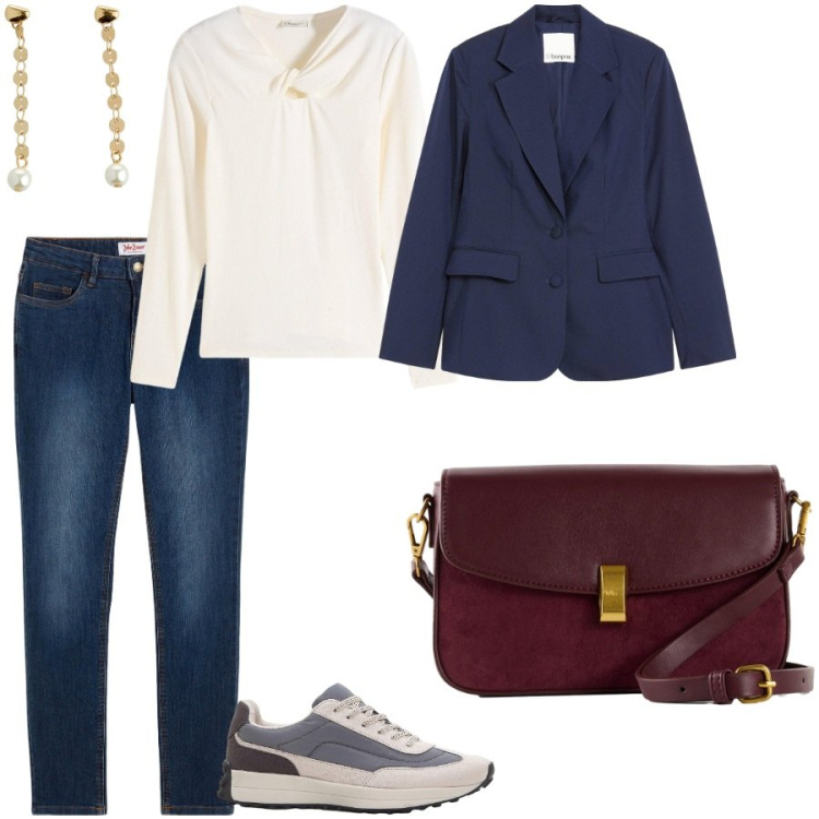 Outfit donna - Semplicità. Stile Casual chic per Tutti i giorni. Abbinamento con jeans skinny, blazer, bluse, borse a mano, sneakers, orecchini.