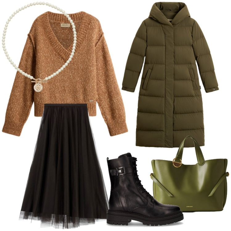 Outfit donna - Total look #2280034. Stile Casual chic per Tutti i giorni. Abbinamento con gonne lunghe, shopping bag, ciondoli, piumini, maglieria, anfibi.