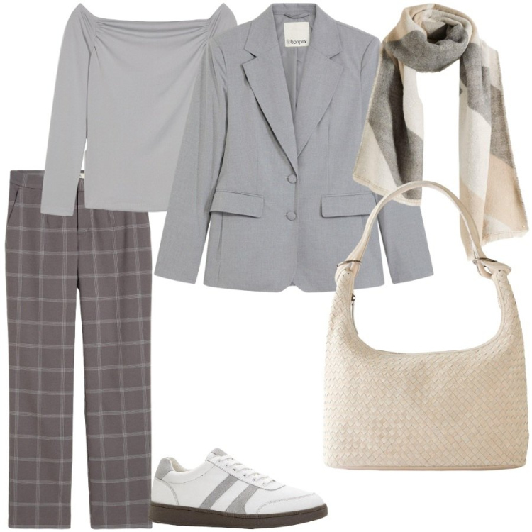 Outfit donna - Classy chic. Stile Chic per Ufficio. Abbinamento con sneakers, blazer, maglieria, pantaloni chino, shopping bag, foulard.