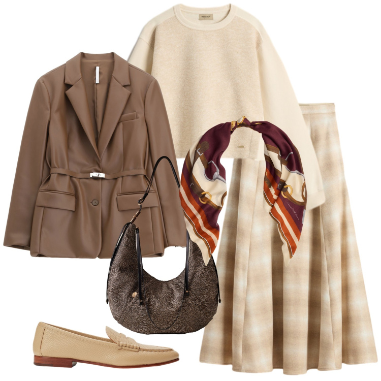 Outfit donna - Total look #2280041. Stile Casual per Tutti i giorni. Abbinamento con blazer, borse a spalla, mocassini, foulard, gonne lunghe, felpe.