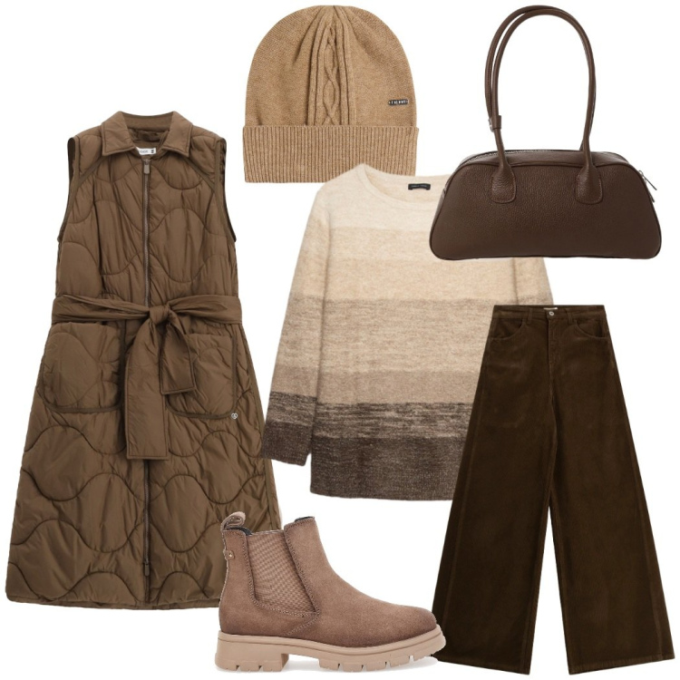 Outfit donna - Total look #2280043. Stile Casual chic per Tutti i giorni. Abbinamento con blazer, borse a mano, pantaloni a palazzo, berretti, stivaletti chelsea, maglieria.