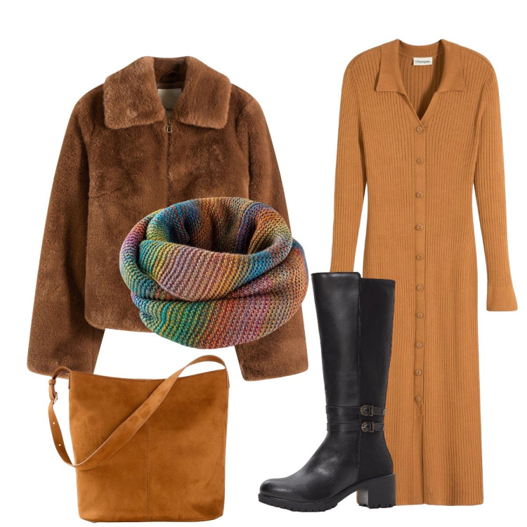 Outfit donna - Tonalità calde…. Stile Bon Ton per Tutti i giorni. Abbinamento con ecopellicce, foulard, borse a mano, vestiti, stivali.