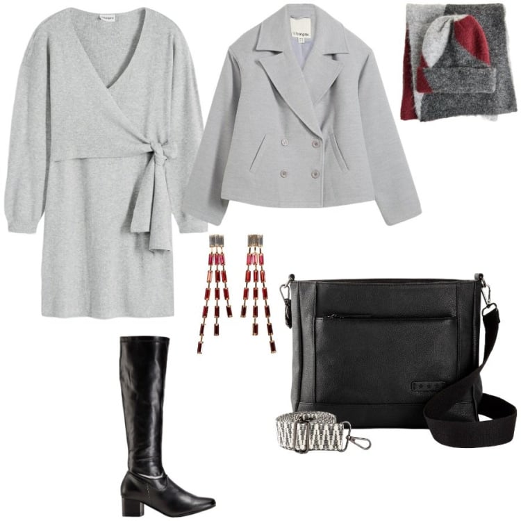 Outfit donna - Comfy lady. Stile Casual chic per Serata fuori. Abbinamento con vestiti, borse a tracolla, caban, stivali, orecchini, sciarpe.