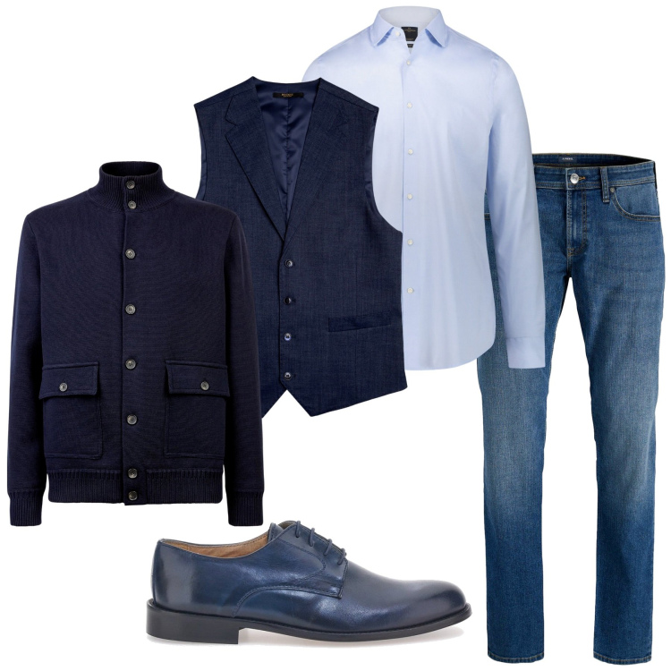 Outfit uomo - Total look #2280049. Stile Business/Elegante per Ufficio. Abbinamento con jeans, camicie, scarpe stringate, giacche, gilet.