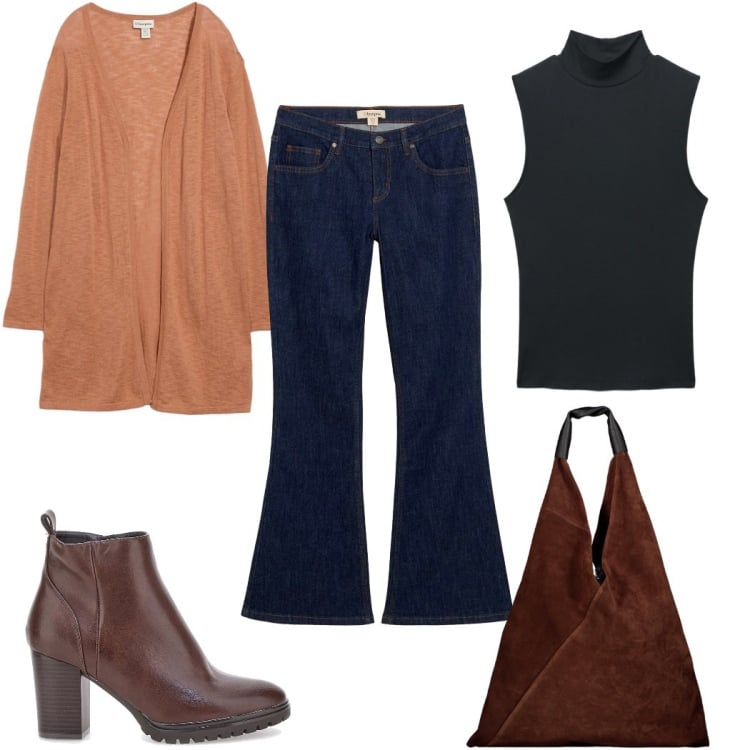 Outfit donna - Me , Myself & 70s style. Stile 70s per Tutti i giorni. Abbinamento con jeans a zampa, cardigans, top, stivaletti, borse a spalla.