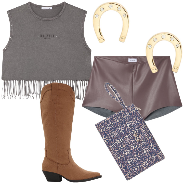 Outfit donna - Western look. Stile Boho per Serata fuori. Abbinamento con stivali, top, shorts, orecchini, pochette.