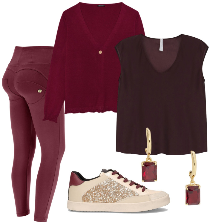 Outfit donna - Total look #2280084. Stile Urban per Tutti i giorni. Abbinamento con top, pantaloni skinny, orecchini, cardigans, sneakers.