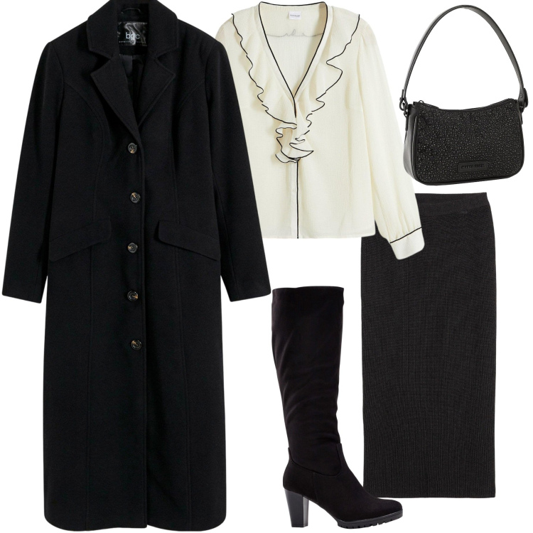 Outfit donna - Bonprix single day. Stile Casual chic per Serata fuori. Abbinamento con gonne, stivali, camicie, borse a mano, cappotti.