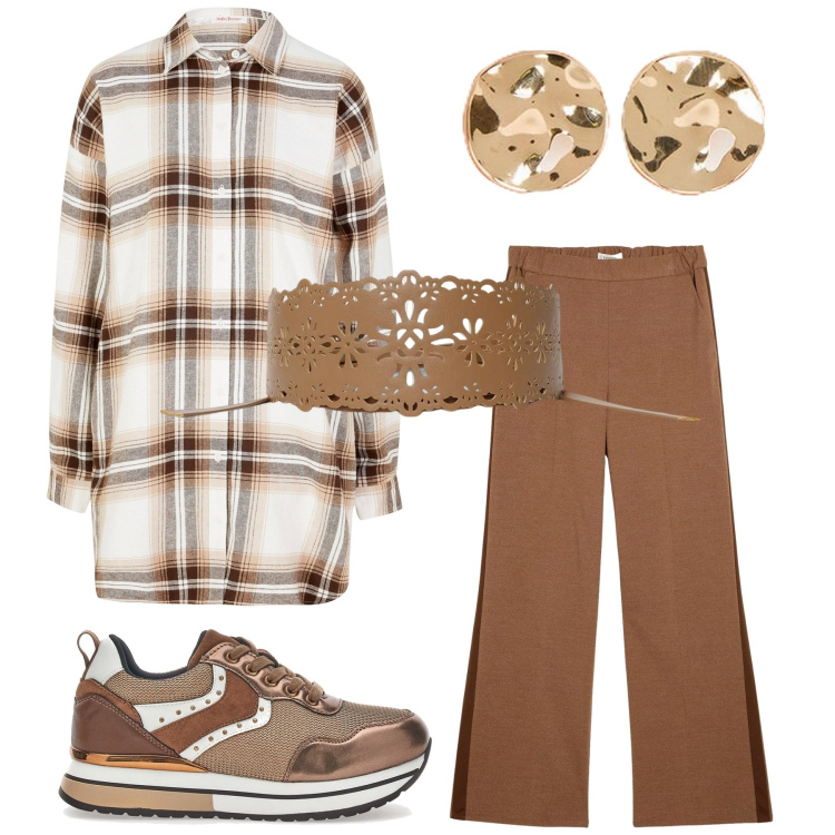 Outfit donna - Total look #2280106. Stile Urban per Tutti i giorni. Abbinamento con camicie, pantaloni, cinture, sneakers, orecchini.