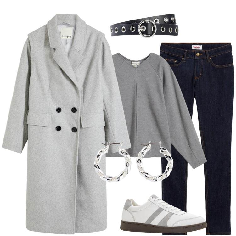 Outfit donna - Bonprix in autunno. Stile Sporty chic per Tutti i giorni. Abbinamento con maglieria, jeans skinny, sneakers, orecchini, cappotti, cinture.