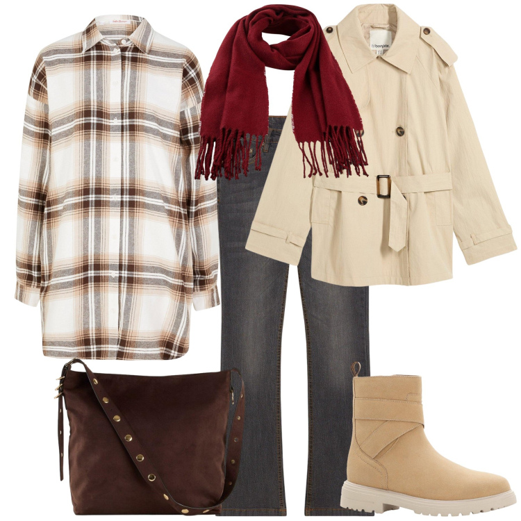 Outfit donna - Autunno da single. Stile Casual chic per Tutti i giorni. Abbinamento con camicie, trench, sciarpe, shopping bag, jeans bootcut, stivaletti.
