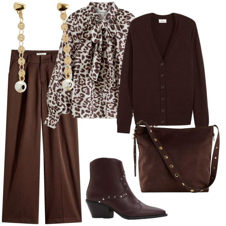 Outfit donna - Bonprix. per Ufficio. Abbinamento con stivaletti texani, shopping bag, cardigans, camicie, pantaloni, orecchini.