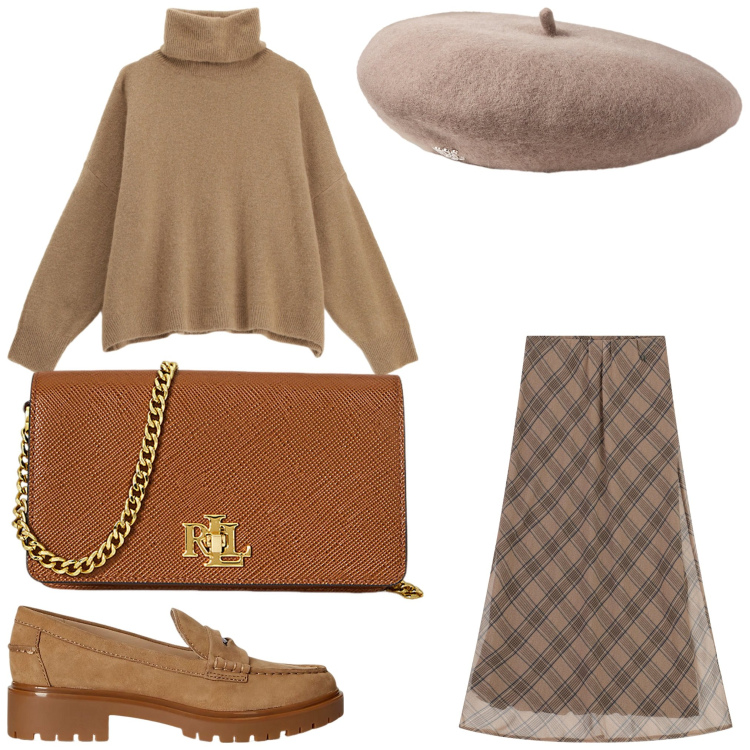 Outfit donna - Douce France. Stile Chic per Serata fuori. Abbinamento con maglieria, gonne lunghe, mocassini, borse a tracolla, berretti.