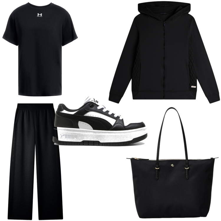 Outfit donna - Back to Black. Stile Sporty chic per Sport. look ideale per Tall. Abbinamento con pantaloni, felpe con cappuccio, borse tote, t-shirt, sneakers.