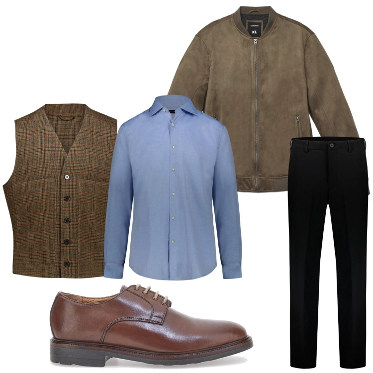 Outfit uomo - Novembre in tweed. Stile Casual per Ufficio. Abbinamento con giacche, scarpe stringate, gilet, camicie, pantaloni.