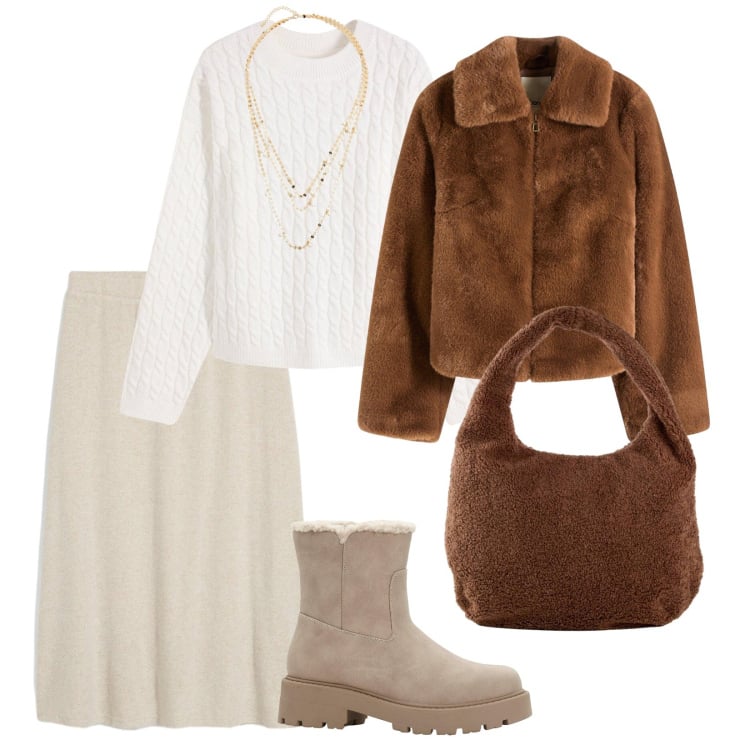 Outfit donna - Bonprix. per Tutti i giorni. Abbinamento con gonne longuette, ecopellicce, shopping bag, maglieria, stivaletti, collane.