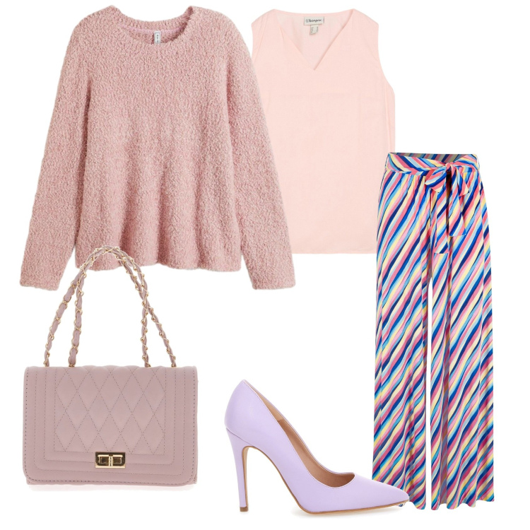 Outfit donna - Total look #2280181. Stile Casual chic per Ufficio. Abbinamento con maglieria, pantaloni a palazzo, top, borse a tracolla, décolleté.