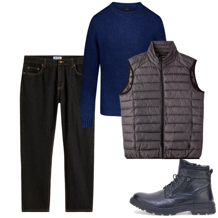 Outfit uomo - Novembre. Stile Casual per Tutti i giorni. Abbinamento con jeans dritti, piumini, stivali e stivaletti, maglieria.