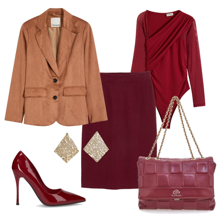 Outfit donna - Total look #2280188. Stile Chic per Serata fuori. Abbinamento con gonne, body, blazer, orecchini, borse a tracolla, décolleté.