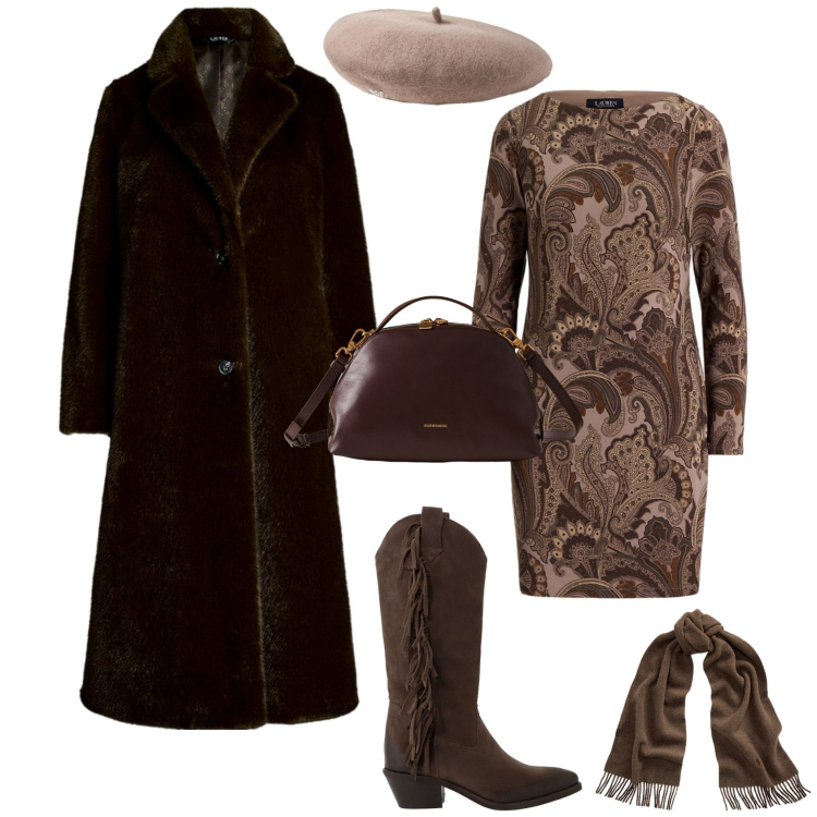 Outfit donna - Total look #2280190. Stile Chic per Tutti i giorni. Abbinamento con stivali, borse a mano, cappotti, vestiti, sciarpe, berretti.