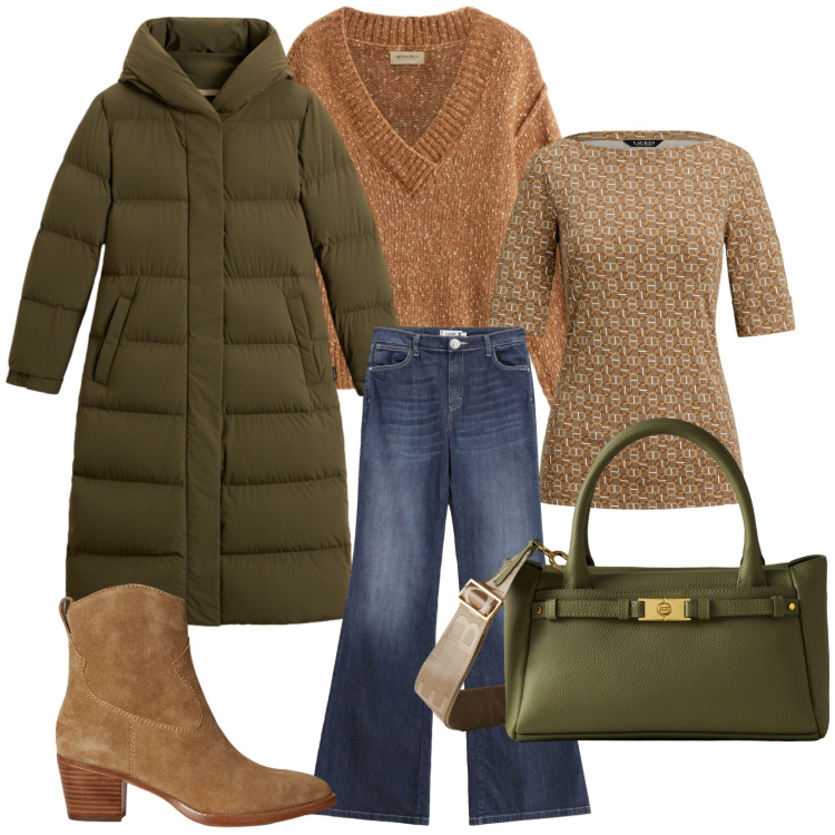 Outfit donna - Total look #2280191. Stile Urban per Tutti i giorni. Abbinamento con jeans a zampa, borse a mano, t-shirt, stivaletti, piumini, maglieria.