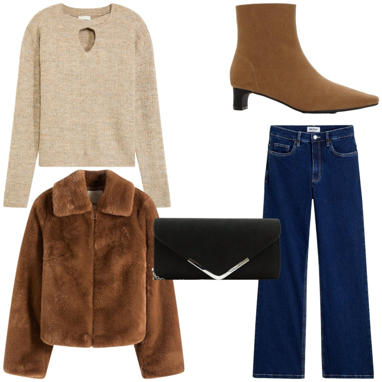 Outfit donna - Glamour. Stile Glamour per Tutti i giorni. Abbinamento con jeans, ecopellicce, stivaletti, maglieria, pochette.