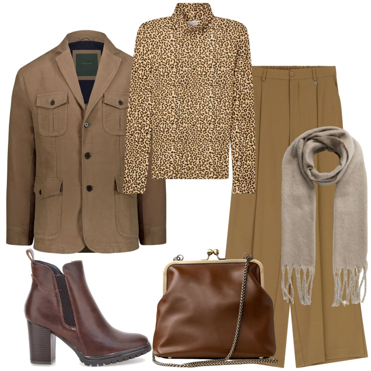 Outfit donna - Total look #2280200. Stile Urban per Tutti i giorni. Abbinamento con t-shirt, sciarpe, pantaloni a palazzo, stivaletti, clutch, blazer.