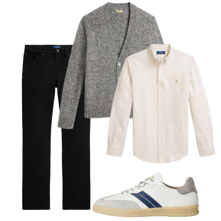 Outfit uomo - Novembre. Stile Casual per Tutti i giorni. Abbinamento con pantaloni, camicie, cardigans, sneakers.