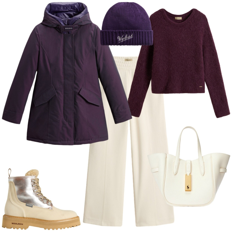Outfit donna - Sporty chic week end in montagna. Stile Sporty chic per Tutti i giorni. Abbinamento con borse tote, parka, pantaloni, maglieria, anfibi, berretti.