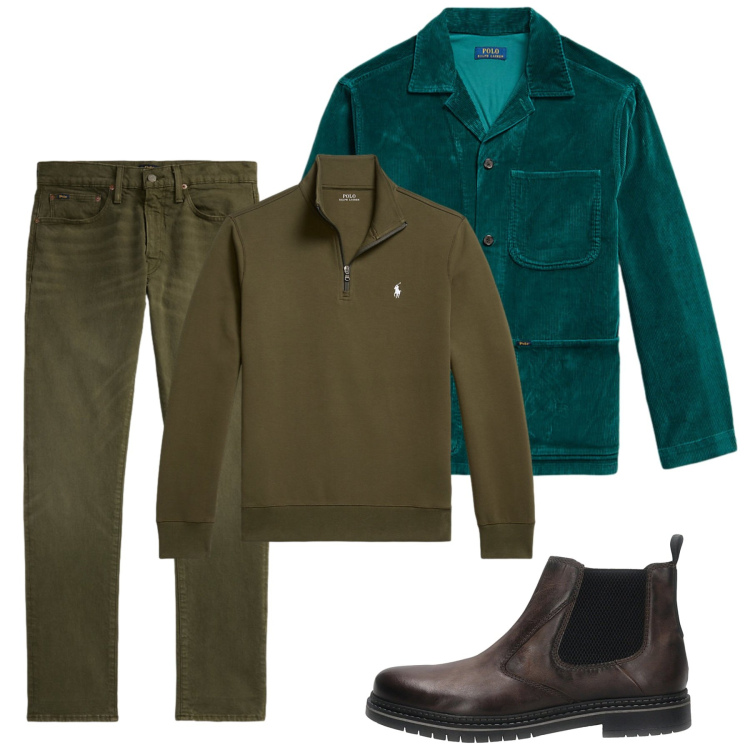 Outfit uomo - Smeraldo. Stile Casual per Tutti i giorni. Abbinamento con jeans, giacche, pullovers, stivali e stivaletti.