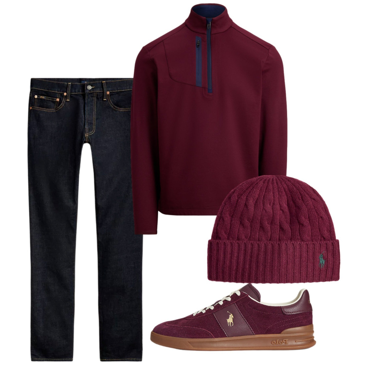 Outfit uomo - Bordeaux a novembre. Stile Casual per Tutti i giorni. Abbinamento con jeans, sneakers, pullovers, berretti.