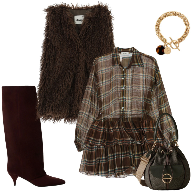 Outfit donna - Serata fuori. Stile Glamour per Serata fuori. Abbinamento con borse a secchiello, gilet, vestiti corti, stivali, braccialetti con ciondoli.