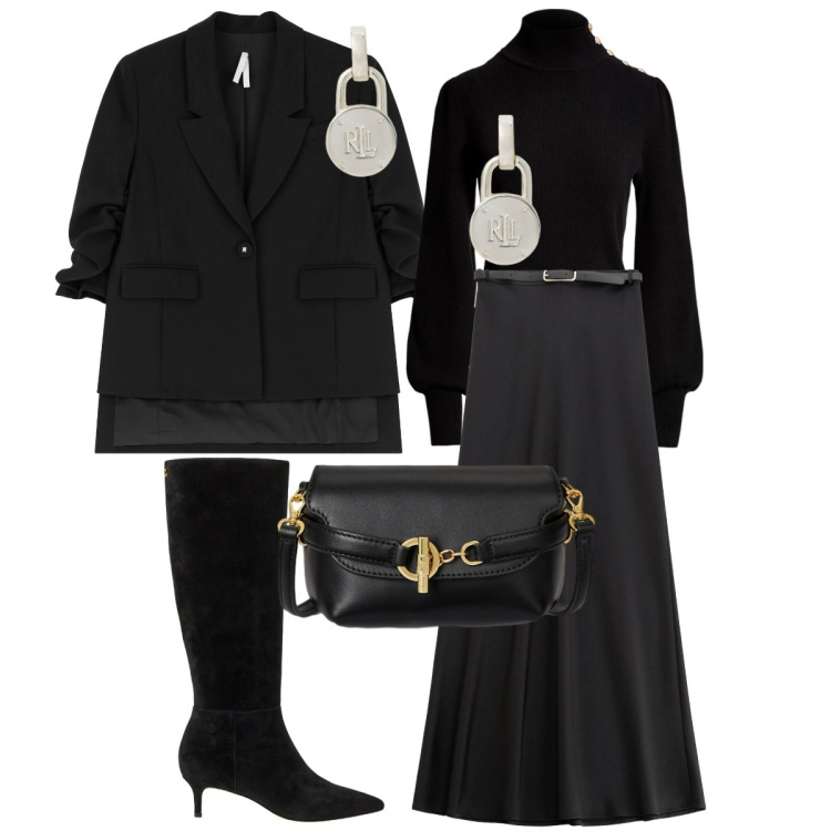 Outfit donna - Total look #2280218. Stile Minimal per Serata fuori. Abbinamento con gonne lunghe, blazer, borse a tracolla, maglieria, stivali, orecchini.
