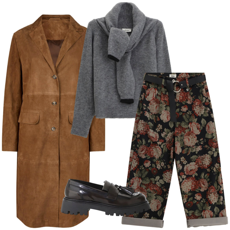 Outfit donna - Total look #2280219. Stile Trendy per Tutti i giorni. Abbinamento con mocassini, pantaloni a palazzo, maglieria, cappotti.