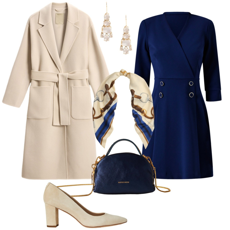 Outfit donna - Bon ton bianco indaco. Stile Bon Ton per Serata fuori. Abbinamento con vestiti corti, borse a mano, décolleté, orecchini, foulard, cappotti.