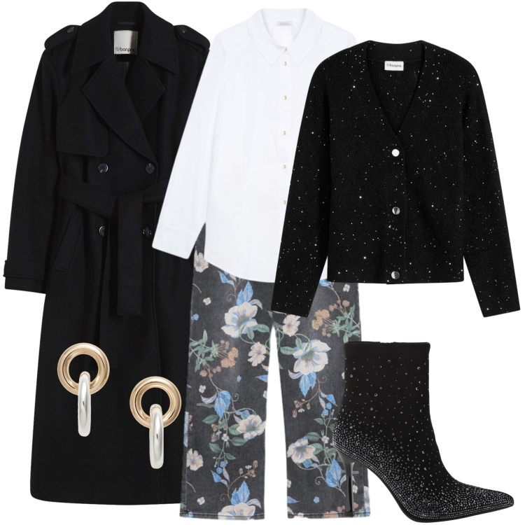 Outfit donna - Serata glam. Stile Glamour per Serata fuori. Abbinamento con cardigans, trench, stivaletti, orecchini, camicie, jeans.