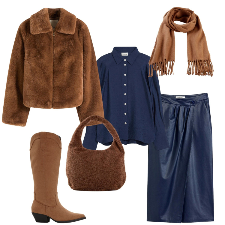 Outfit donna - Total look #2280251. Stile Casual chic per Tutti i giorni. Abbinamento con ecopellicce, sciarpe, stivali, shopping bag, gonne longuette, camicie.