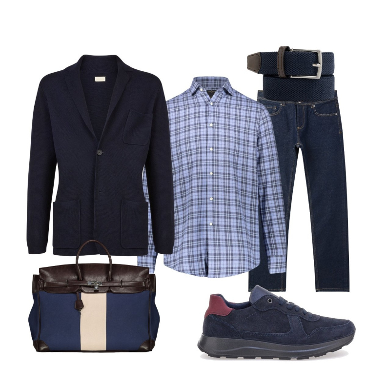 Outfit uomo - In trasferta. Stile Trendy per Ufficio. Abbinamento con jeans, scarpe stringate, camicie, cardigans, cinture, borse sportive.