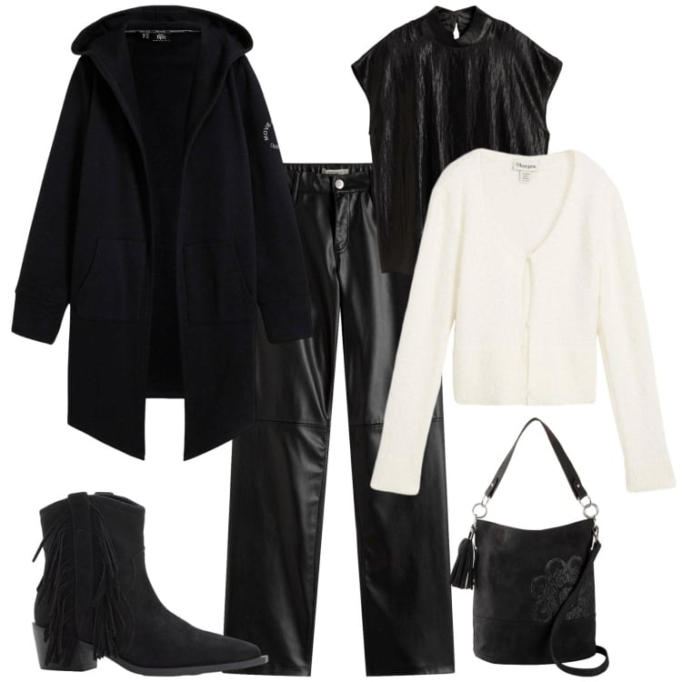 Outfit donna - Trendy serata fuori. Stile Trendy per Serata fuori. Abbinamento con blazer, stivaletti texani, top, borse a mano, pantaloni, cardigans.