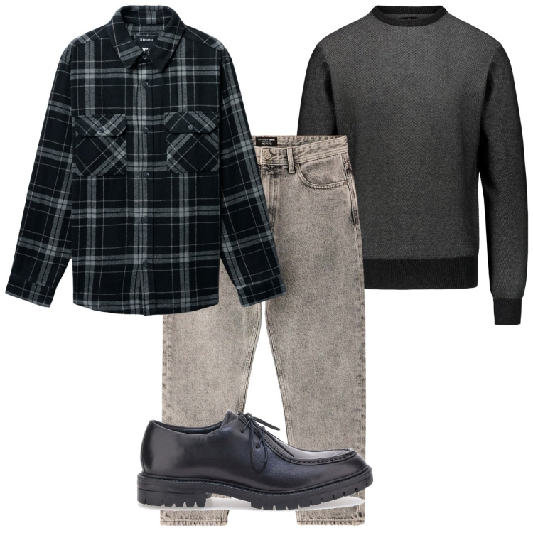 Outfit uomo - Toni grigi. Stile Casual per Tutti i giorni. Abbinamento con jeans dritti, cappotti, scarpe stringate, maglieria.