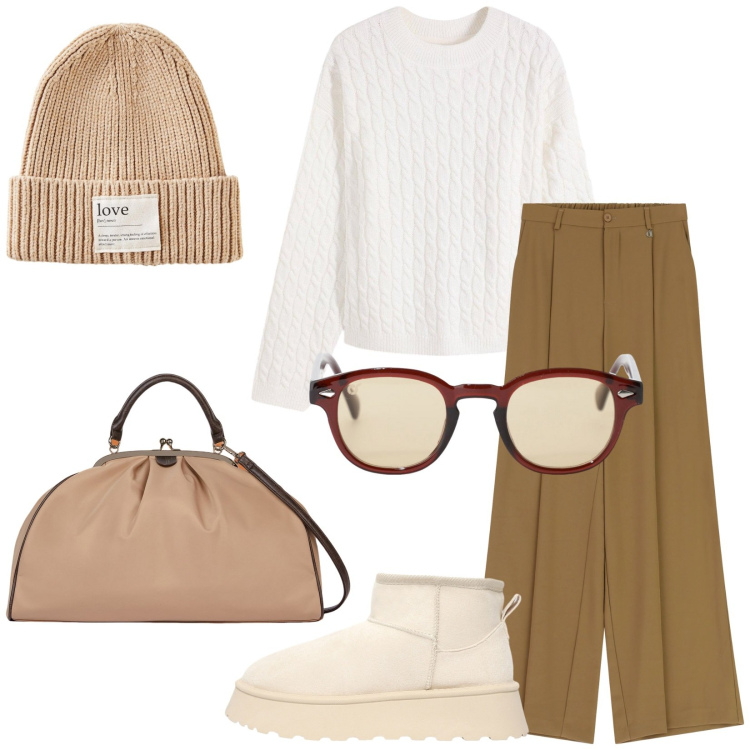 Outfit donna - Total look #2280268. Stile Casual per Tutti i giorni. Abbinamento con berretti, maglieria, stivaletti, occhiali da sole, pantaloni a palazzo, borse a spalla.