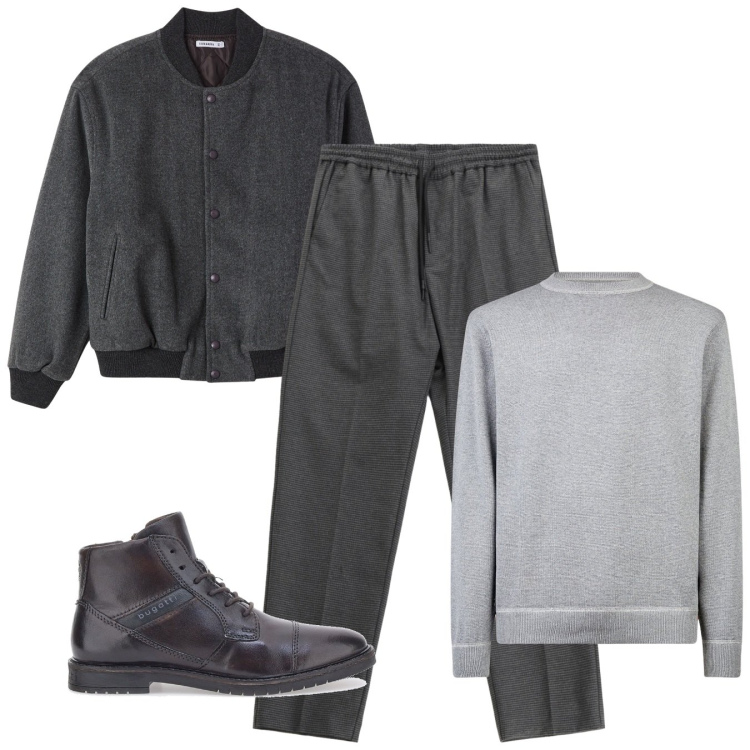Outfit uomo - Grey Bomber. Stile Casual per Tutti i giorni. Abbinamento con bomber, pantaloni, stivali e stivaletti, maglieria.