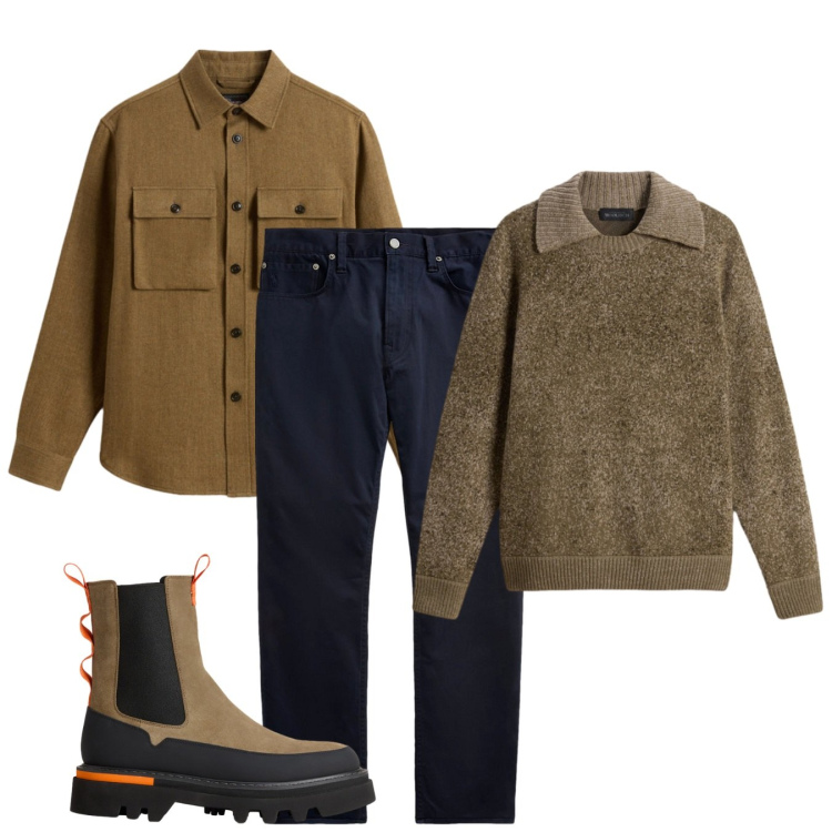 Outfit uomo - Woolrich musk. Stile Trendy per Tutti i giorni. Abbinamento con pantaloni, cappotti, maglieria, stivali e stivaletti.
